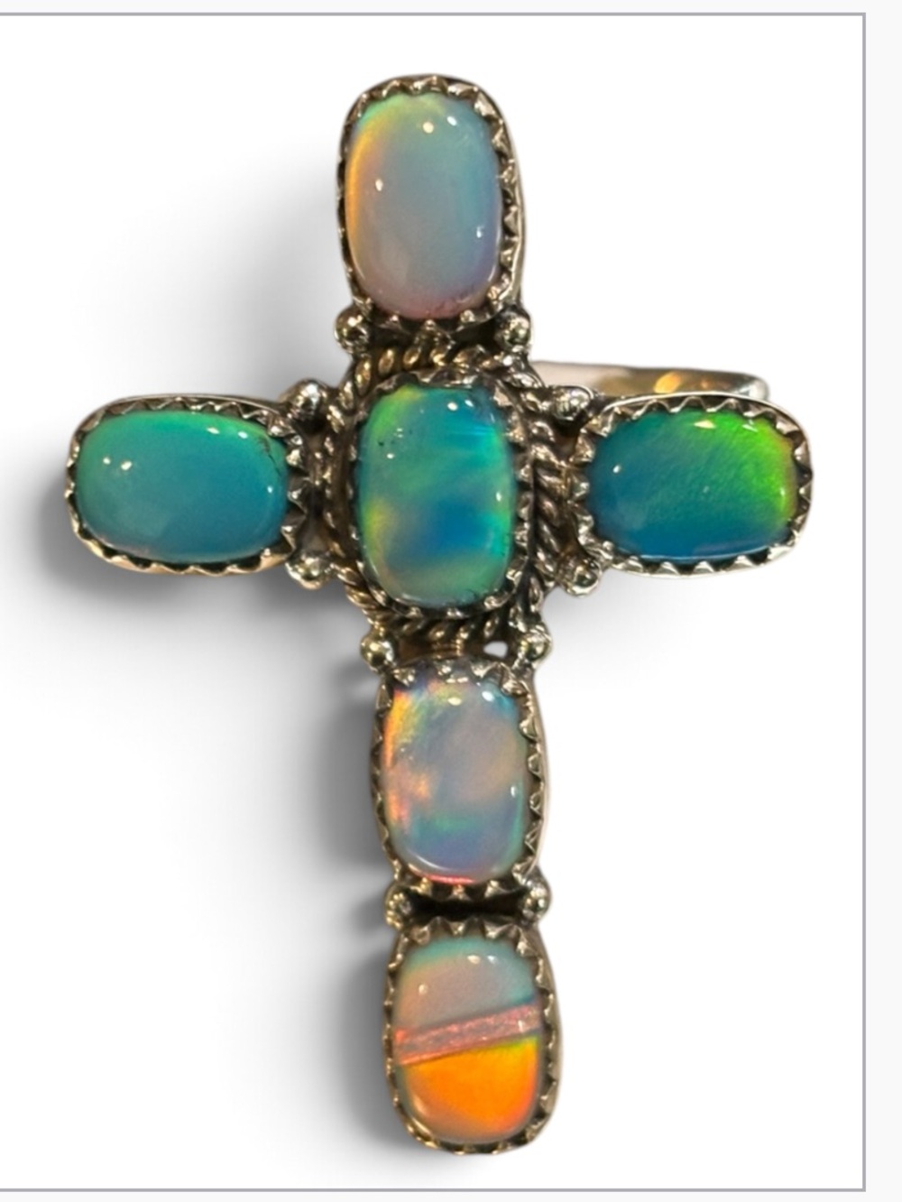 Artisan Crafted Mixed Opal And Sterling Silver Adjustable Cross Ring 6-10